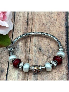 Bella Perlina Silver Tone & Red Crystal Faux Pearl Beaded Bracelet Hinged Cuff